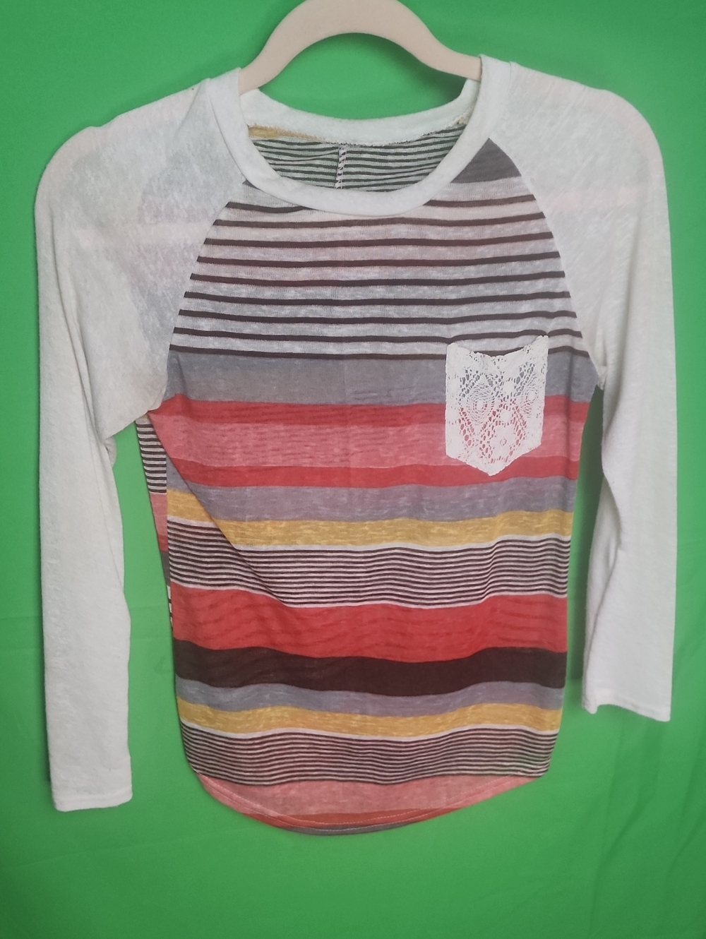 Flamingo Urban Multicolor Striped Raglan Top with White Lace Pocket S